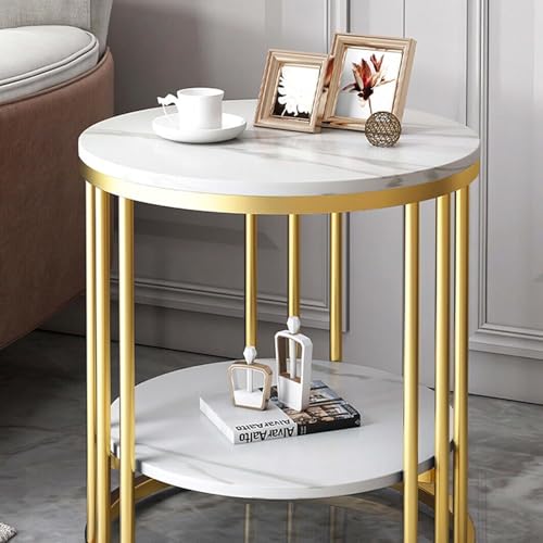 Image of Round End Table with Metal Gold Frame & Marble Finish Shelves - 2 Tier Side Table, Modern Coffee Table, Bedside Nightstand for Living Room, Bedroom, Balcony (White-Gold, 40cm)
