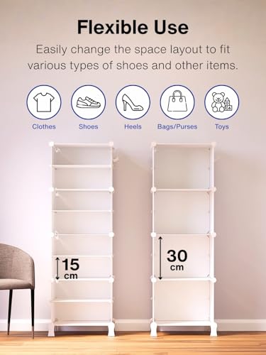 Image of BOXJOY 8 Shelf Shoe Rack with 4 Translucent Doors, 5 Hook Steel Holder & Wooden Hammer, Home Storage PP Plastic Organizer with Metal Door Frame to Cover Chappal Slipper Sandals Shoes Box Stand (White)