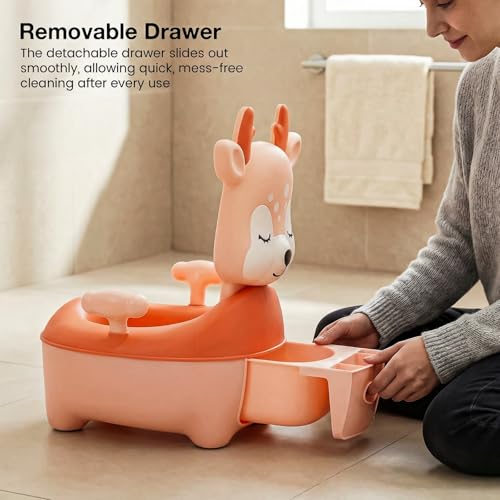Image of Baybee Deer Baby Potty Seat for Kids 2 to 5 Years with Back Support | Foldable Toilet Seat with Removable Drawer & Cleaning Brush | Premium Potty Training seat | Kids Toilet Chair Boys Girls (Orange)