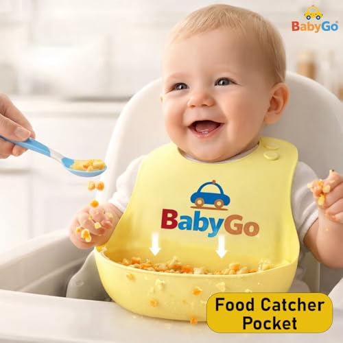 Image of BabyGo Silicone Bib for Feeding & Weaning | Adjustable Neckline with Buttons | BPA Free | Waterproof | Washable & Reusable | 0-24 Months | Soft, Mess Proof Baby Feeding Bib | Yellow | Pack Of 1