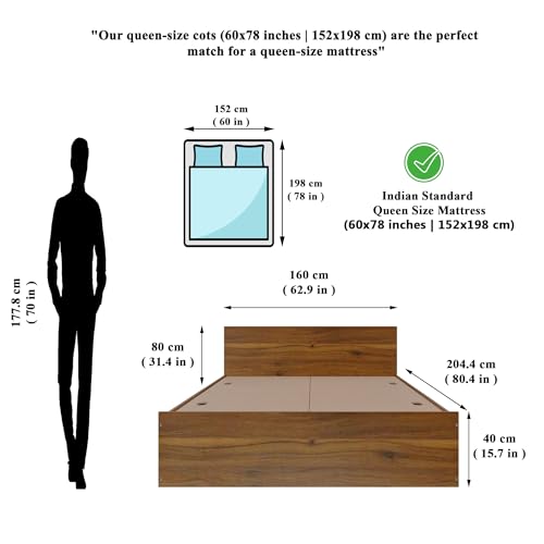 Image of VIKI Vault Queen Size Bed with Storage (78x60) | Engineered Wood Wooden Bed Frame for Bedroom | Modern Box Storage Cot | Brussel Walnut Finish | Free Assembly | 1 Year Warranty
