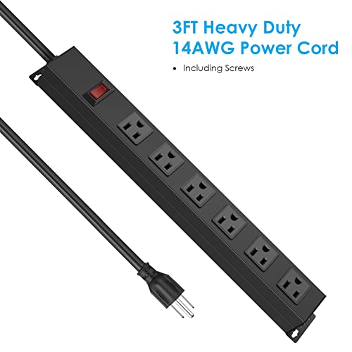 Metal Wall Mount Power Strip, Mountable Power Outlet with 6 AC Outlets, Aluminum Alloy Mount Power Socket with Switch, 3 FT SJT 3/C 14AWG Power Cord, 15A 125V 1875W (6AC) Black by HHSOET - Image 4