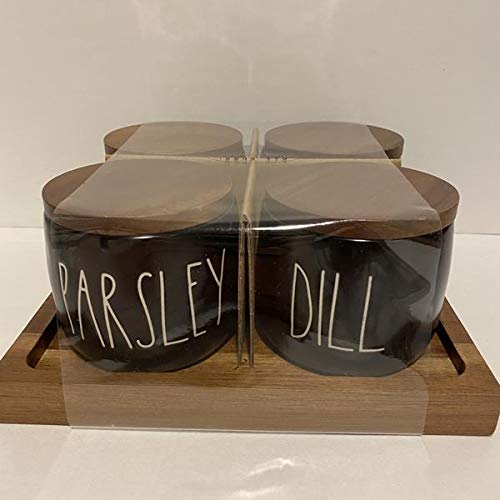 Rae Dunn PARSLEY - DILL - THYME - BASIL Cellar Set of 4 with wooden tray - Ceramic - Black