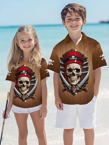 Image of THE PIRATE KING Funny Pirate Hawaiian Shirt Boys Girls Beach Tropical Casual Short Sleeve Button Down Shirt for 5-14 Years