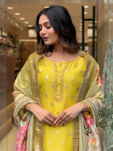 Image of Naixa Women's Viscose Organza Jacquard Embroidered Straight Kurta with Pant and Dupatta Sets (S-Kritika)
