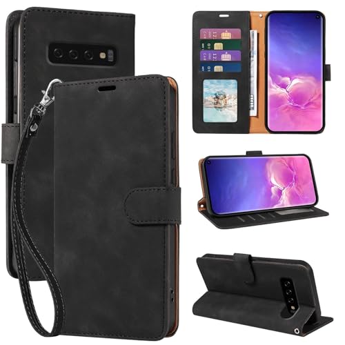 Image of GOTOURED for Samsung S10 Case Wallet Cover, [RFID Blocking 4 Card Slots] [Wrist Strap] [Kickstand] Magnetic Shockproof Protective Leather Flip Cases for Samsung Galaxy S10 (Black)