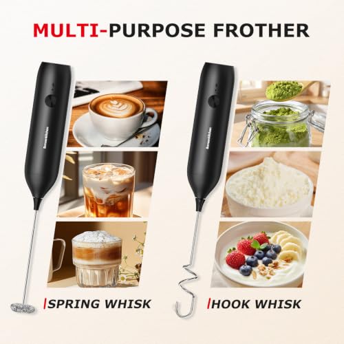 Image of Bonsenkitchen Rechargeable Milk Frother Handheld, Electric Foam Maker with Stainless Steel Whisk, Charging USB-C, Portable Hand Wand Drink Mixer for Coffee Matcha Lattes Cappuccino, Kitchen Gifts