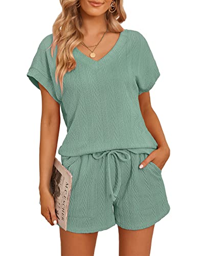 Merokeety Womens Casual 2 Piece Lounge Sets Short Sleeve Cable Knit Pajama Sets Sleepwear, Dustygreen, S #TOP22