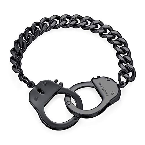 Bling Jewelry Bracelet De Déclaration De Menottes Pour Couples De Bijoux De Motard En Acier Inoxydable Noir Ip Avec Chaîne Cubaine Pour Hommes De 8,5 Pouces
