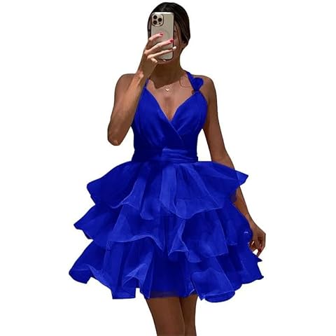 BIRENEROBE Royal Blue Mini Puffy Tulle Prom Dress for Teens A Line V Neck Short Bridal Shower Dress for Wedding Backless Tiered HOCO Dress Cover