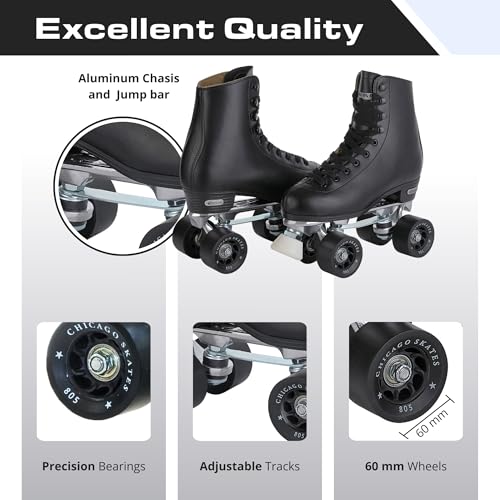 Chicago Quad Roller Skates for Girls & Boys – Durable, Top Performance Indoor/Outdoor Use or Roller Derby - Classic Deluxe Leather High-Top Boots with 60mm Urethane Wheels & Semi-Precision Bearings
