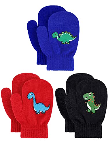 Image of Geyoga 3 Pairs Kids Mittens Winter Stretchy Knit Gloves Winter Dinosaur Full Finger Toddler Mittens for Boys Girls