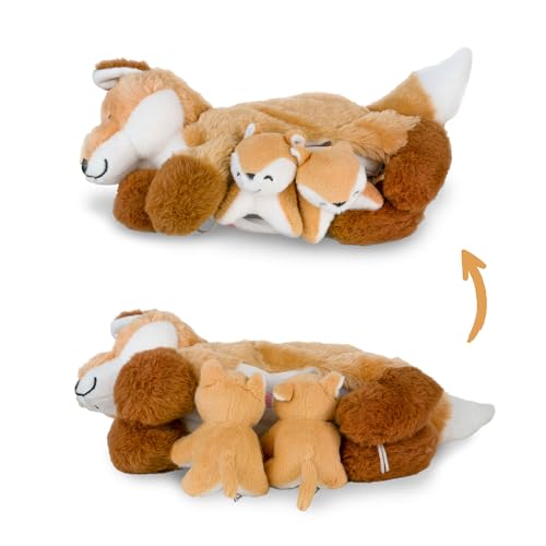 Mamanimals Fuchs Kuscheltier mit 2 Baby Füchsen, Babys im Bauch mit Reißverschluss verstaubar, magnetische Zitzen zum Säugen, hochwertiges Plüschtier Set für Kinder