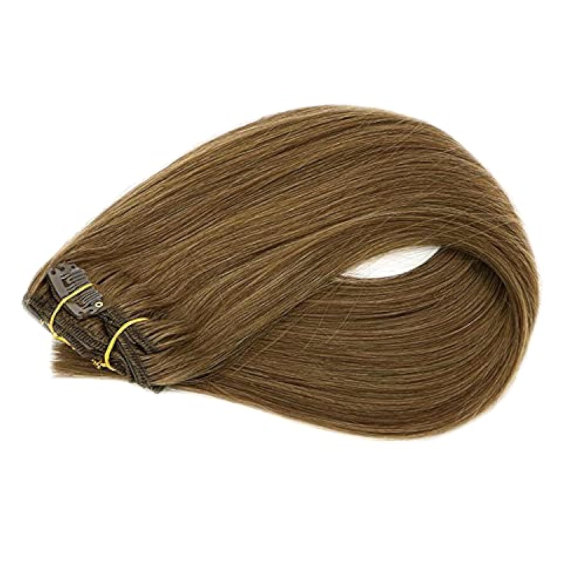 Human Hair Extensions Clip in, Light Brown, 7 Pieces, 70 Gram