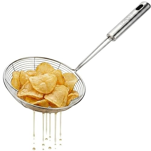 Schiumarola acciaio inox-mestolo da cucina a rete con manico per uso quotidiano-Uso Professionale filo acciaio scolapasta acqua o olio-Schiumarola metallica cucina alta resistenza al calore-14 cm