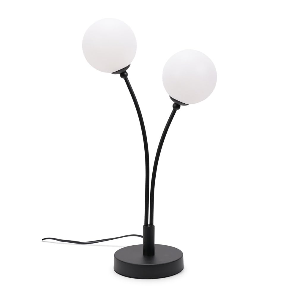 ValueLights | Black 2 Way Double Stem Bedside Table Lamp with White Frosted Glass Globe Shades | Home Décor, Bedside & Desk Lamp | Includes Bulb