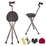BSROZKI Folding Canes with Seat:Sturdy Lightweight 400lbs Capacity Walking Stick Height Adjustment Cane Chair Crutches Stool with LED Light and Cushion for Elderly