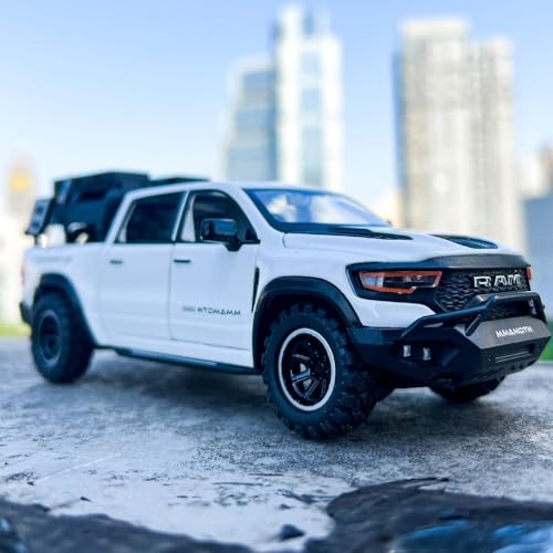 Image of 1 /32 Ram Pickup Truck Diecast Model Toy Car Metal Truck with Sound & Light Pull Back Friction Powered Toy Vehicle Openable Doors Collectible Gift for Kids & Boys (White)