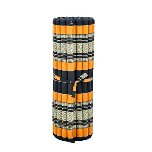 Image of Leewadee - Kapok Roll Mat - Handcrafted Folding Sleep & Relaxation Mattress from Thailand, Ideal as Guest Bed, Camping Mat, Yoga Mat or Traditional Futon, 75 x 39 inches, Black Orange