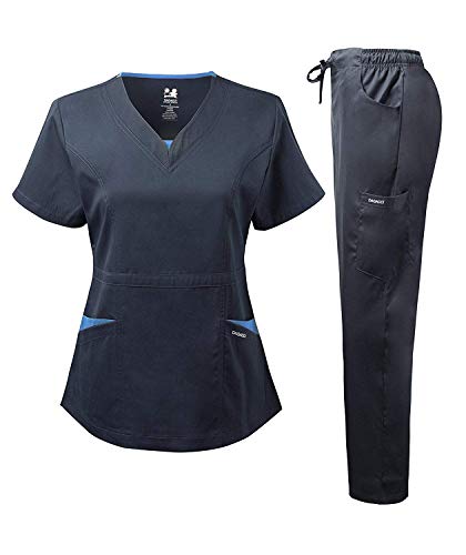 Dagacci Medical Uniform Women's Scrubs Set Stretch Split Contrast Net and Pocket (Large, Navy)