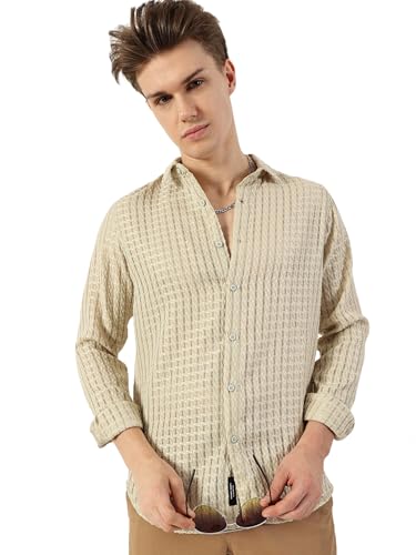 Image of Thomas Scott Men's | Solid | Textured Fabric | Full Sleeve | Slim Fit | Polyester-Blend | Spread Collar | Casual Shirt