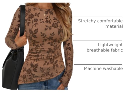Image of ZESICA Womens Floral Long Sleeve Shirts 2026 Spring Boat Neck Mesh Ruched Tops Fitted Asymmetrical Going Out Blouses