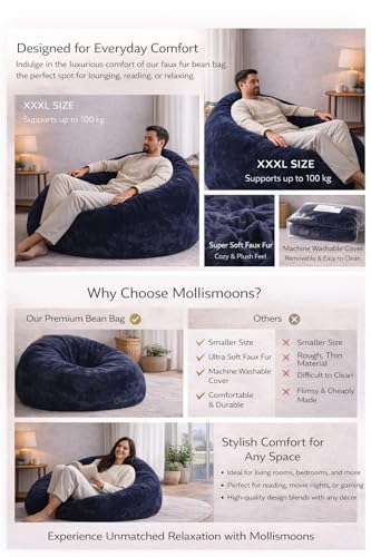 Image of Mollismoons Faux Fur Bean Bag Chair Cover for Adults & Kids | Luxury Lounger & Round Floor Sofa Seating | Modern Cozy Feel | No Beans Included