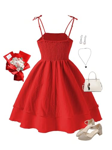 Image of SHENHE Girl's Smocked Ruched A Line Swing Dress Layered Tie Shoulder Flowy Cami Short Dress