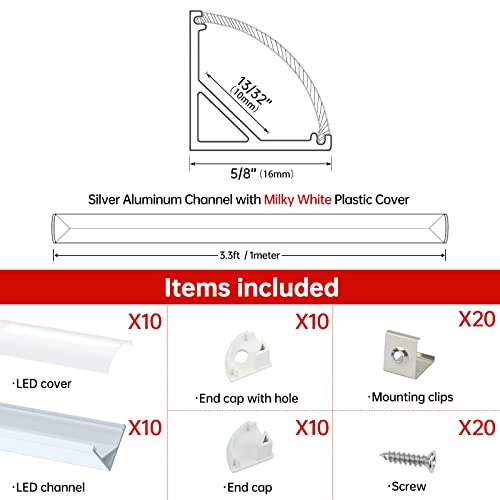 Muzata 10Pack 3.3Ft/1M V-Shape Led Channel System With Milky White Cover Lens, Silver Aluminum Extrusion Profile Housing Track For Strip Tape Lights V1Sw 1M Ww,Lv1 Lw1 #TOP1