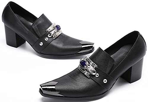 Santimon Men's Slip-On Loafers Dress Shoes with Metal Toe Cap & Silver Skull Ornament – Black Block Heel Leather Punk Western Loafers for Wedding, Stage, Cosplay, Party4