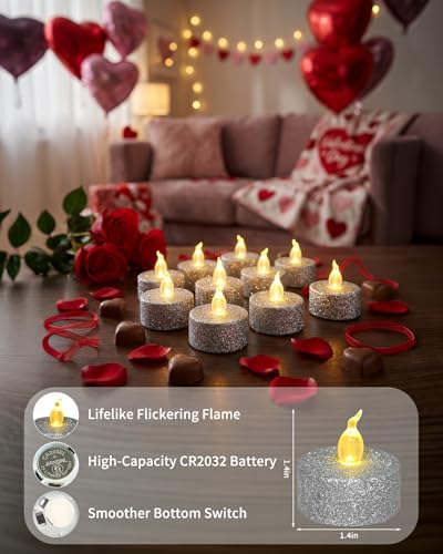 Image of Silver Glitter Tea Lights with Timer,12 Pack | Tealights for Wedding, Christmas Decorations,Anniversary,Wedding, Built-in 6 Hours