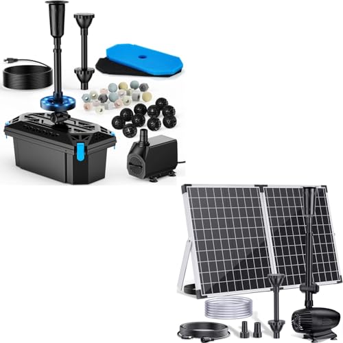 POPOSOAP RGB Pond Filter & 55W Solar Fountain Pump, 660GPH Pond Filter Box With 40W Pond Pump & RGB Auto-Cycle LED Lights, Koi Pond Filters for Outdoor Ponds Clean, Clear, and Add Water Feat