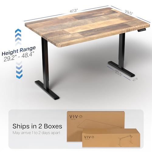 Image of VIVO Reclaimed Wood 48 x 30 in Standing Desk, DESK-KIT-1B5P | Electric, Holds 220 lbs, Sit Stand, Height Adjustable, One-Piece Extra Deep Table Top, Memory Presets, 1B Series, Black Frame