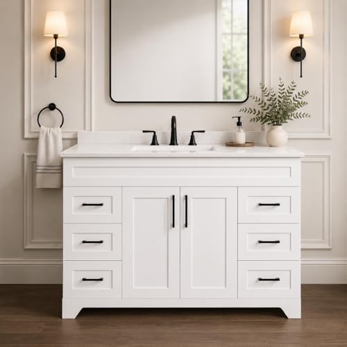 TONYRENA 48' Luxurious Bathroom Vanity with White Stone Countertop and Rectangle Sink and Back Splash,2 Soft Closing Doors & 6 Full Extension Drawers (Without Faucet、Pop Up Drain &Mirror)