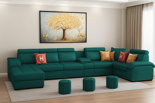 Image of Casaliving Emerson Modern U-Shaped Sectional Sofa Set 9 Seater, Sofa Couch with 3 Puffy for Hall (Pine Colour) Premium Leatherette Fabric Sofa