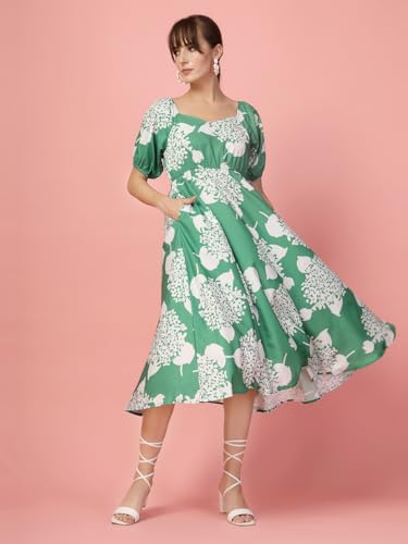 Image of OOMPH! Below Knee Shift Pink Dress in Crepe Fabric with Round Neck and Puff Sleeves - md619l