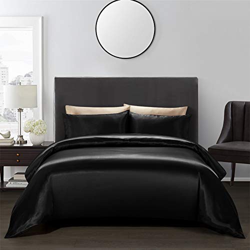 AiMay 3 Piece Satin Duvet Cover Set Bedding Sets Queen Black 1800 Series Luxury Rich Silk Silky...