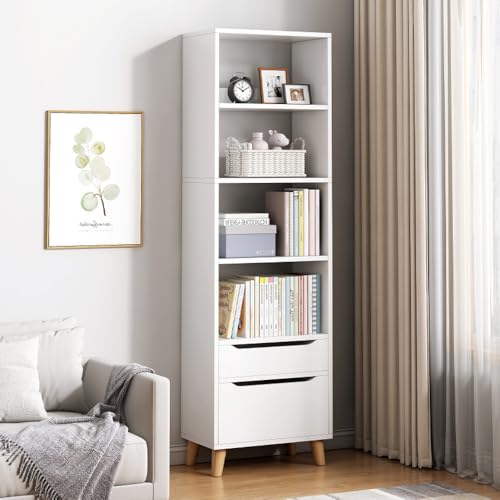 habeig Bücherregal mit 2 Schubladen, Weiß, 180 cm Hoch x 40 cm Breit x 24...