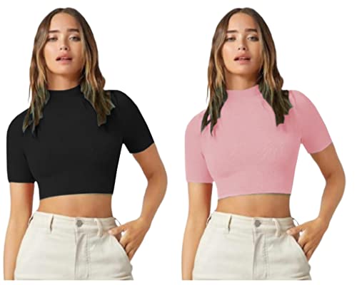 Image of Dream Beauty Fashion Women's Combo Casual High Neck Short Sleeves Stylish Crop Top - Pack of 2-17 inch inches