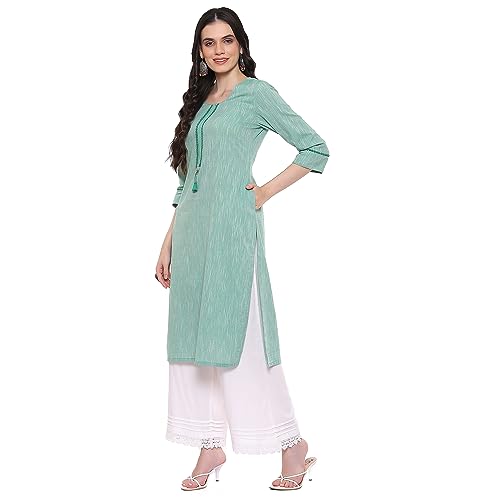 Image of Rangriti Green Polyester Straight Yarndyed Kurta for Women