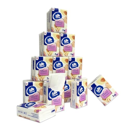 Vinda 3-Ply Mini Ultra Care Pocket Tissues, Portable Series Facial Tissue, Travel Size for Use In All Occasions (24 Packs of 10 Tissues)