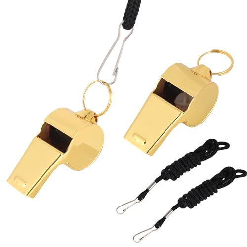 Penitue 2pcs Golden Color Stainless Steel Whistle with Lanyard Super Loud Crisp Sound Metal Sport Gear for Coach Referee Lifeguard Teacher Outdoor Activities Pet Training Coaching Accessories(Gold)