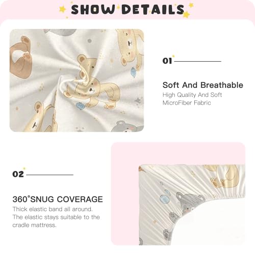 Image of Cute Bear Pattern Crib Sheets Stretchy Portable Sheets for Baby Toddler Breathable Soft Crib Mattress Sheet for Girls Boys