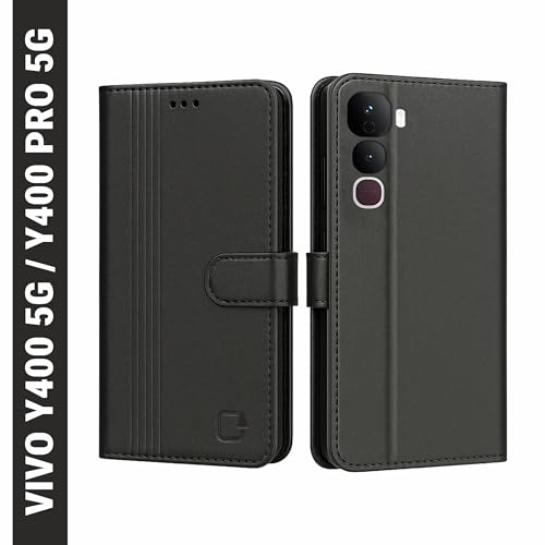 Image of AIBEX Shock Proof Flip Compatible for Vivo Y400 Pro 5G Flip Cover Leather Finish | Inside TPU with Card Pockets | Wallet Stand | Complete Protection Flip Case - Black