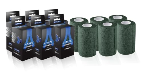 Image of A-Tape Cohesive Bandage Wrap 10cm x 4.5m, Self Adhesive Crepe Bandage| Athletic Sports Tape for Wrist, Ankle & Knee Support | Breathable, First Aid & Veterinary Wrap (Pack of 4, Forest Green) | Cohesive Bandage