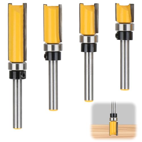 4 Pcs Flush Trim Router Bit Set 1/4 Inch Shank Straight Pattern Router Bits with Bearing Woodworking Template Cutter Tools for Edge Trimming Milling Grooving and Decorative Wood Finishing