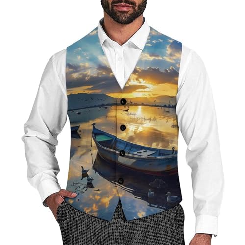 Blue Landscape Boat And Sea Men's Suit Vests Business Formal Dress V-Neck Waistcoat Tops with 2 Pockets