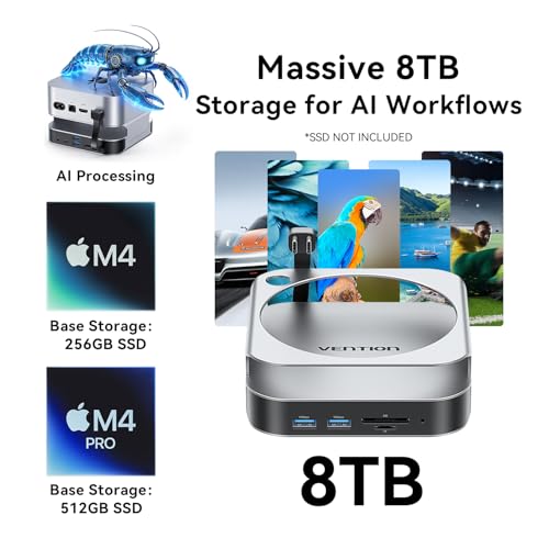 Image of VENTION for Mac mini M4 Dock, 10 in 1 Aluminum Stand for M4 /M4 Pro with M.2 NVMe SSD Enclosure, 4K@240HZ /144HZ USB A 3.2, 10Gbps Transfer, USB C Extender, SD /TF Reader, Silver