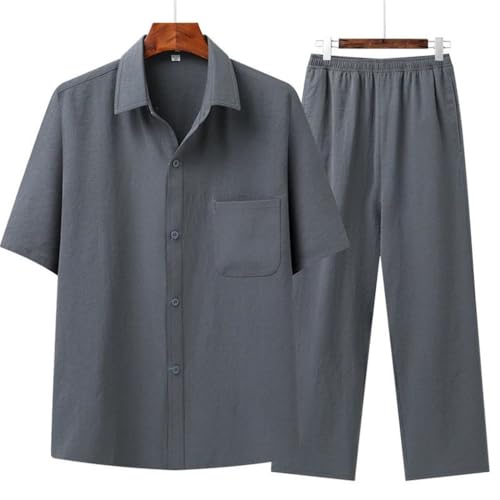 Men's Suit Set (Top + Pants) Solid Color Silk Loose Half Sleeve Casual Shirt Suit2