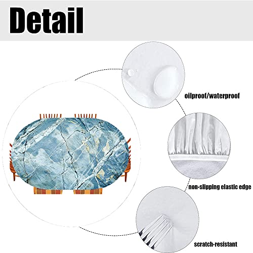 Marble Oval Fitted Tablecloth, Exquisite Granitenature Rock Picture, For Kitchen Dining, Party, Holiday, Christmas, Buffet, Fits 48" X 68" Table, Light Blue #TOP3